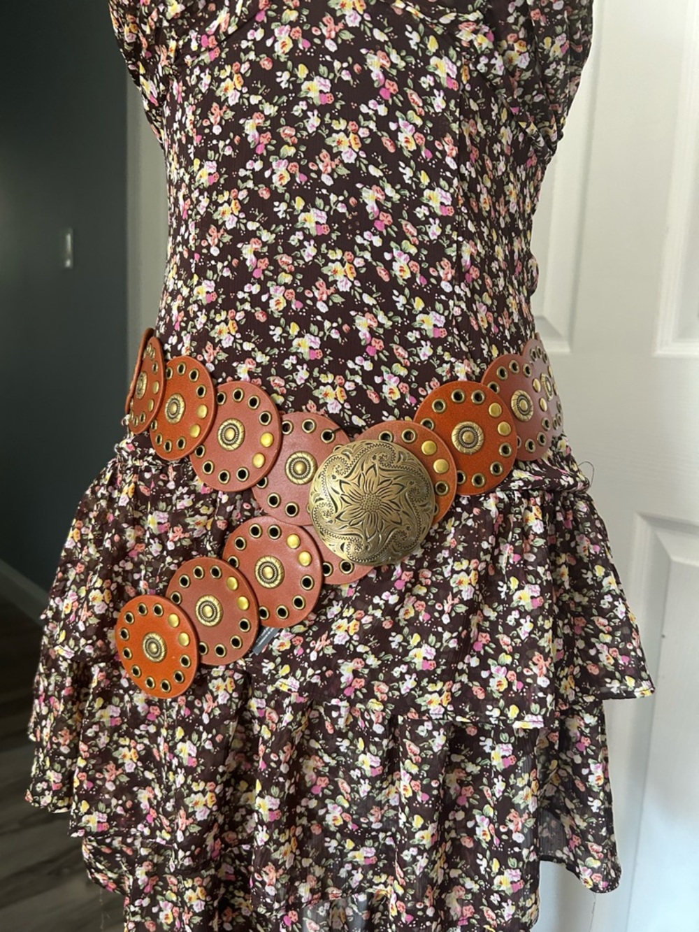 Women’s Brown Leather Disk Belt with Ornate Brass Medallion